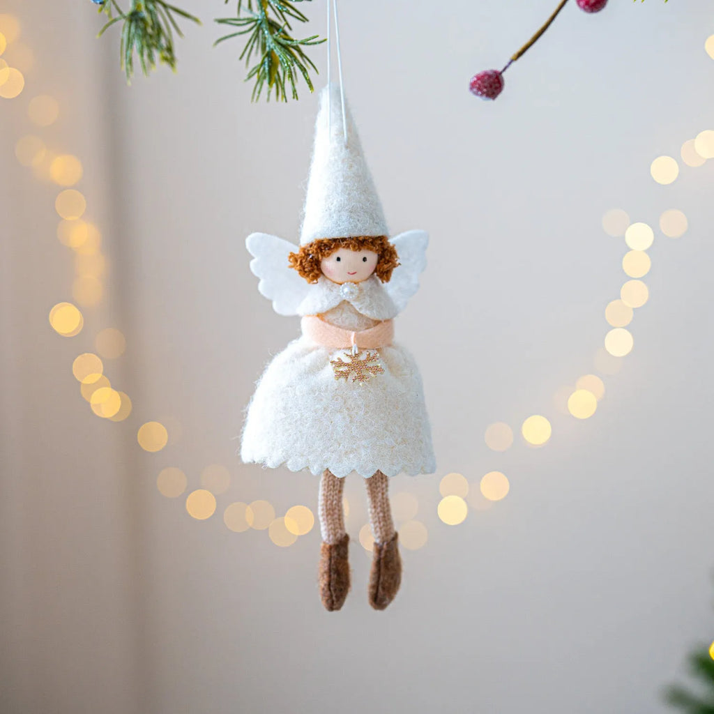 White and pink cloth Christmas angel skirt pendant ornament with felt detailing