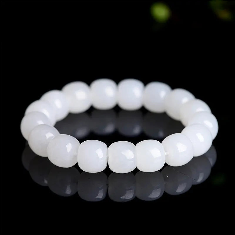 White Hetian jade barrel beads bracelet showing three size options for men and women