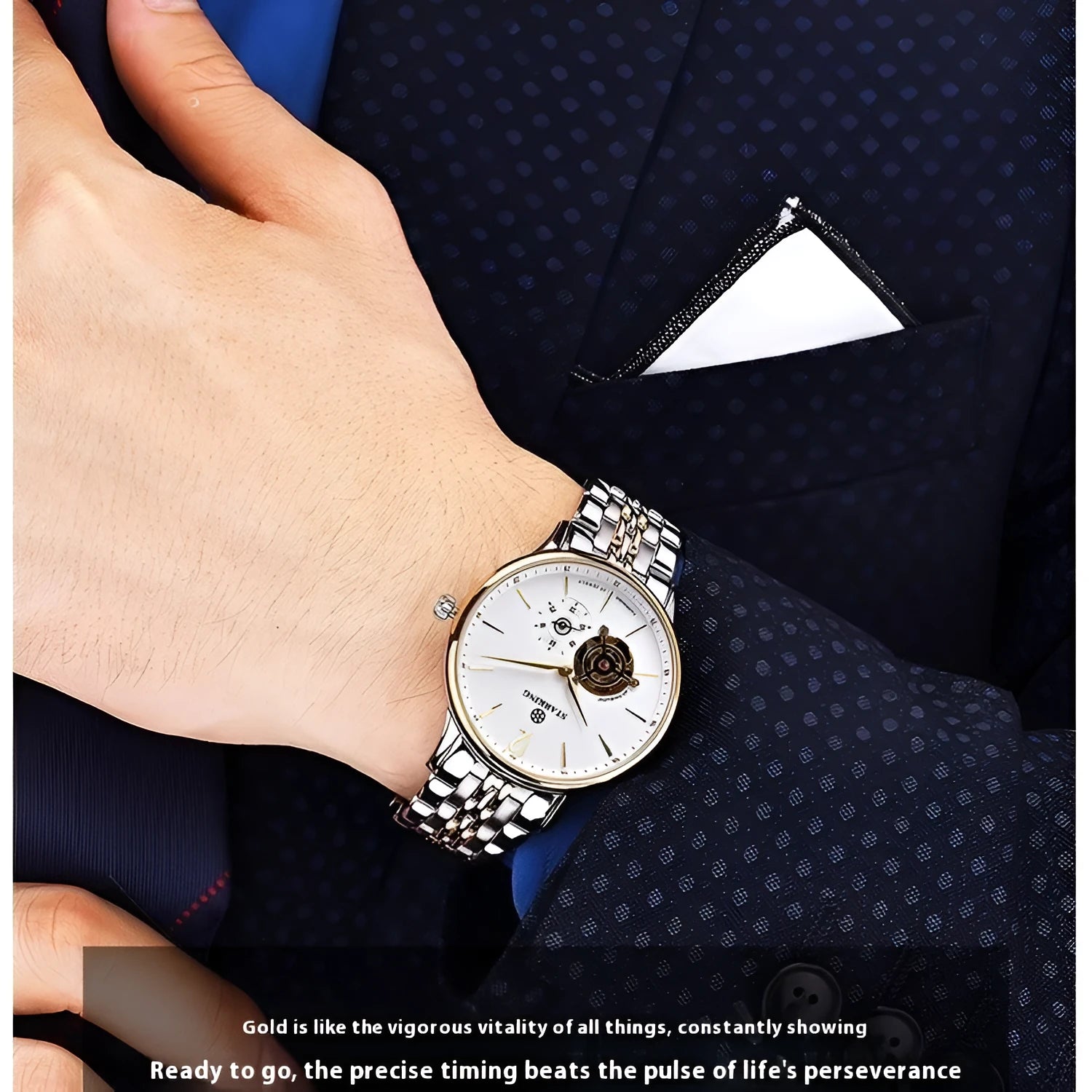 Men's automatic mechanical waterproof business watch with stainless steel case and brown leather strap