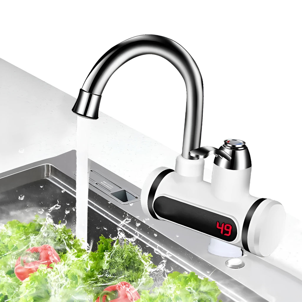 White kitchen electric water heater tap with digital temperature display and instant heating function