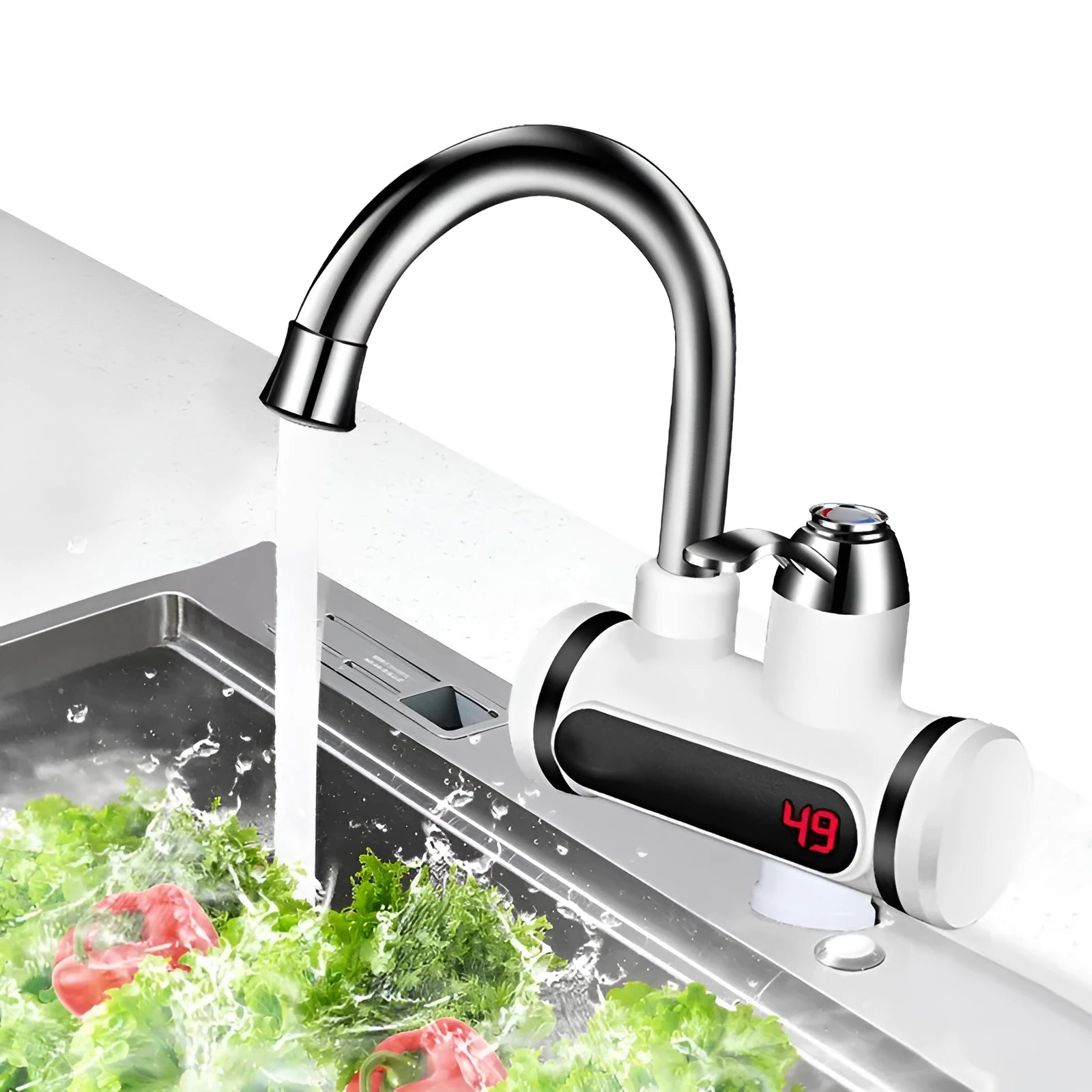 White kitchen electric water heater tap with digital temperature display and instant heating function