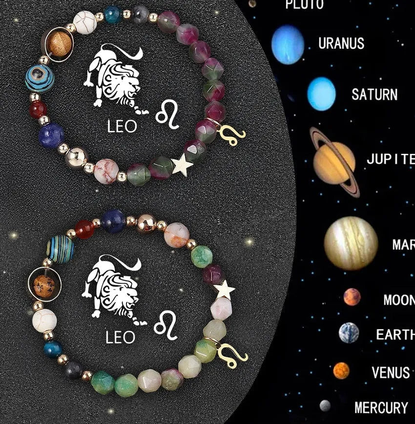 Two natural stone beaded bracelets showcasing zodiac sign designs on a selection card.