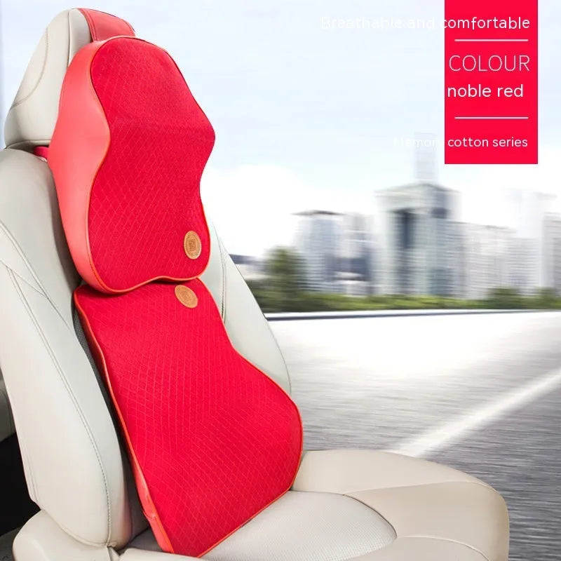 Black memory foam car headrest pillow and lumbar support pillow set on car seat