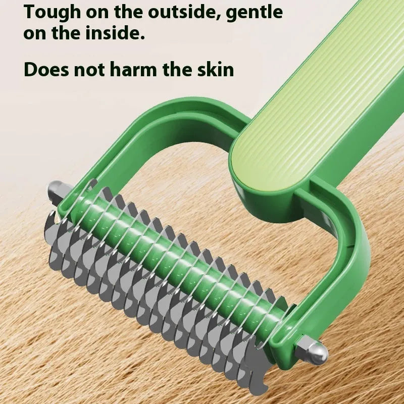 Green and grey pet hair unknotting comb with stainless steel teeth on PP handle