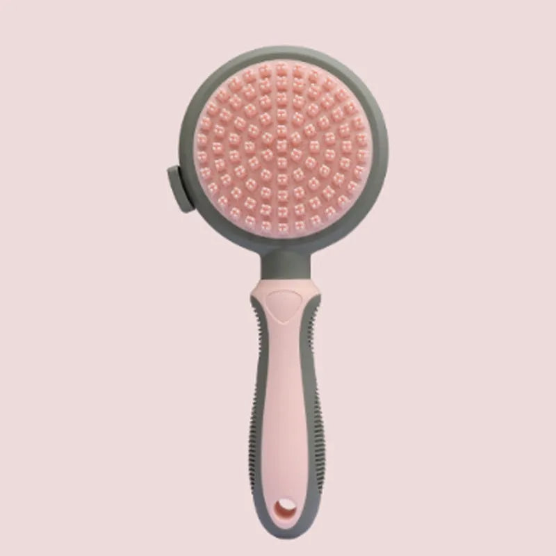 Green and pink 2-in-1 silicone pet grooming brush showing slicker brush side and massage side