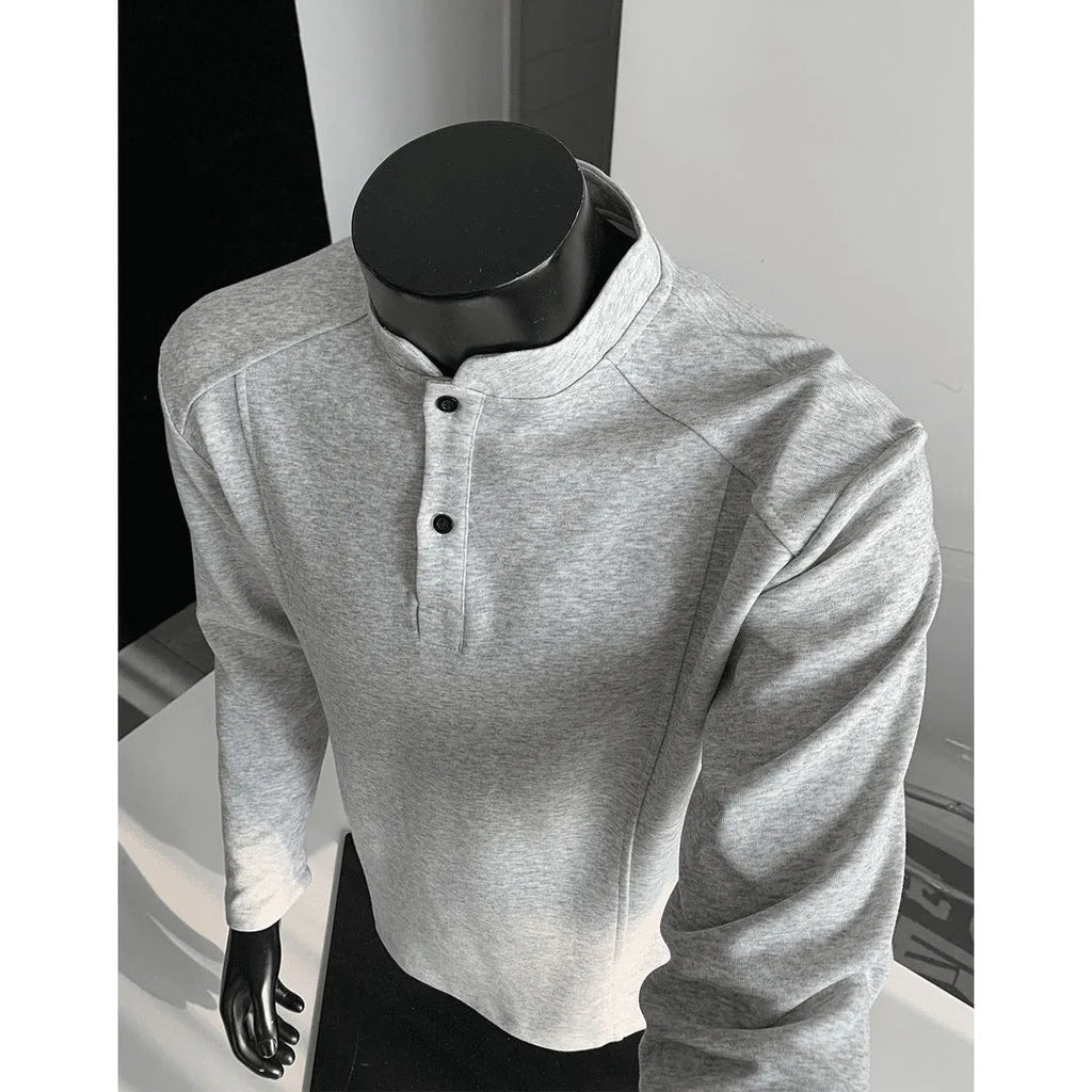 Men's asymmetric patchwork stand-up collar polo shirt in Chinese cotton fabric with loose fit