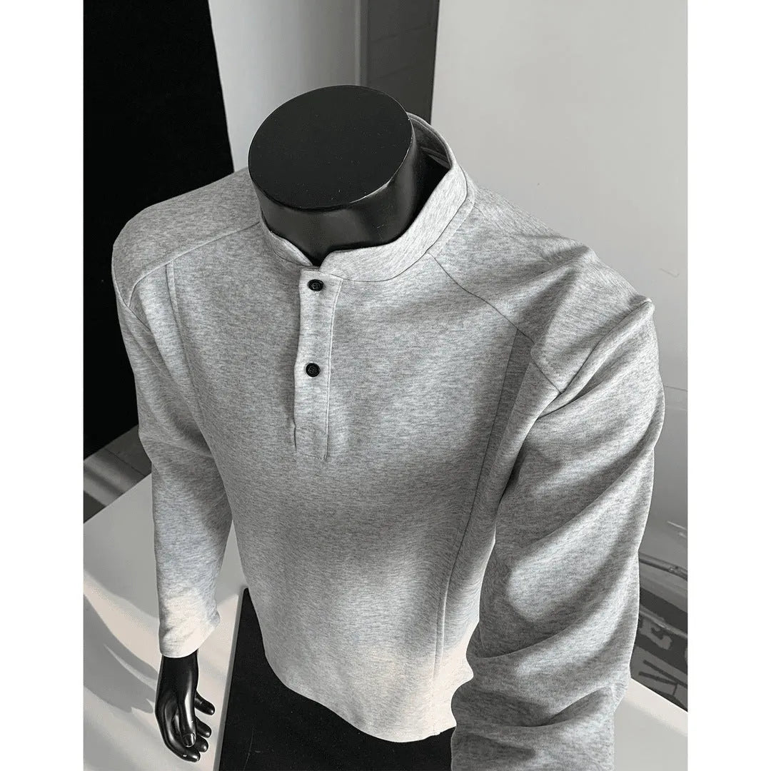 Men's asymmetric patchwork stand-up collar polo shirt in Chinese cotton fabric with loose fit
