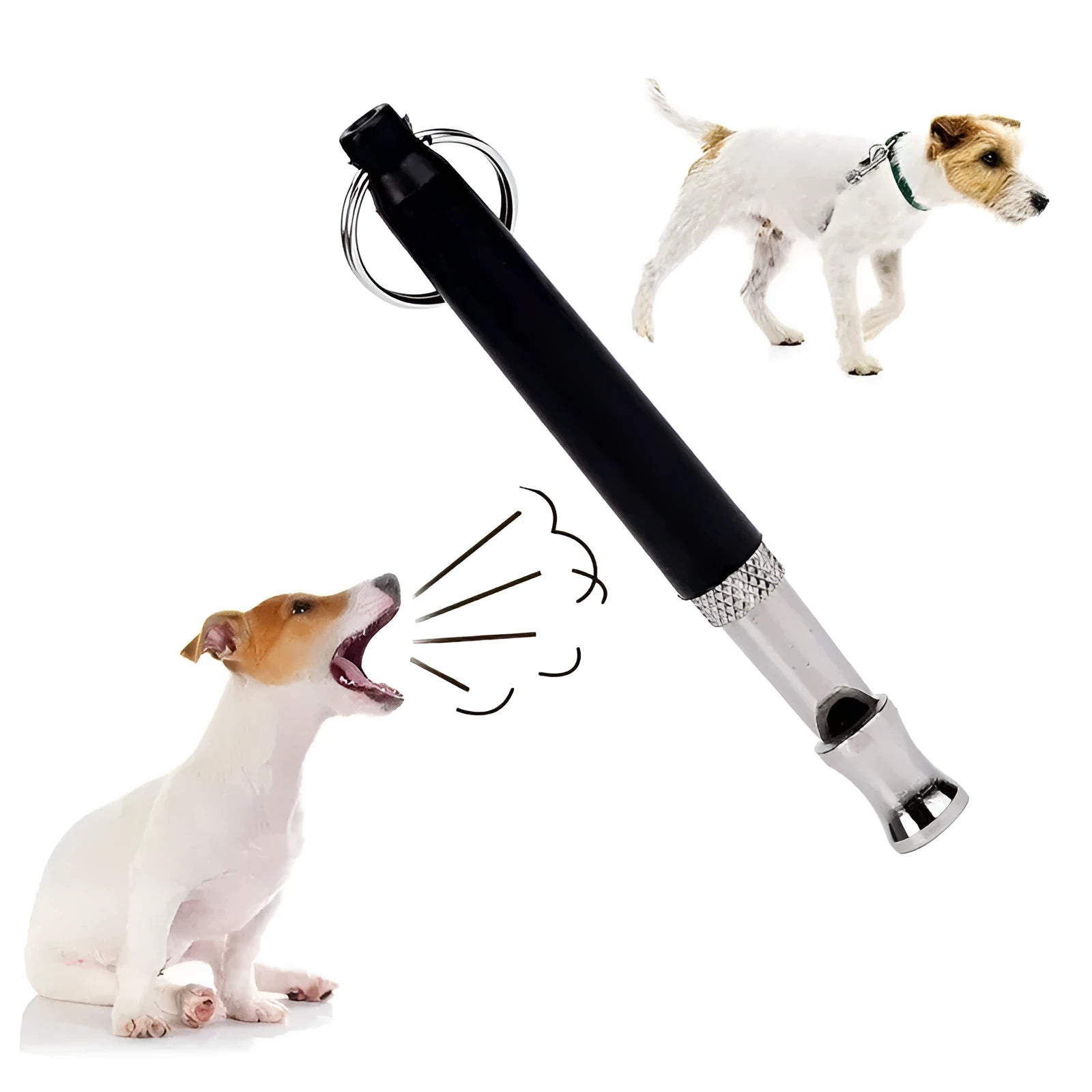 Copper ultrasonic dog training whistle with keychain cord and iron ring in black colour on white background