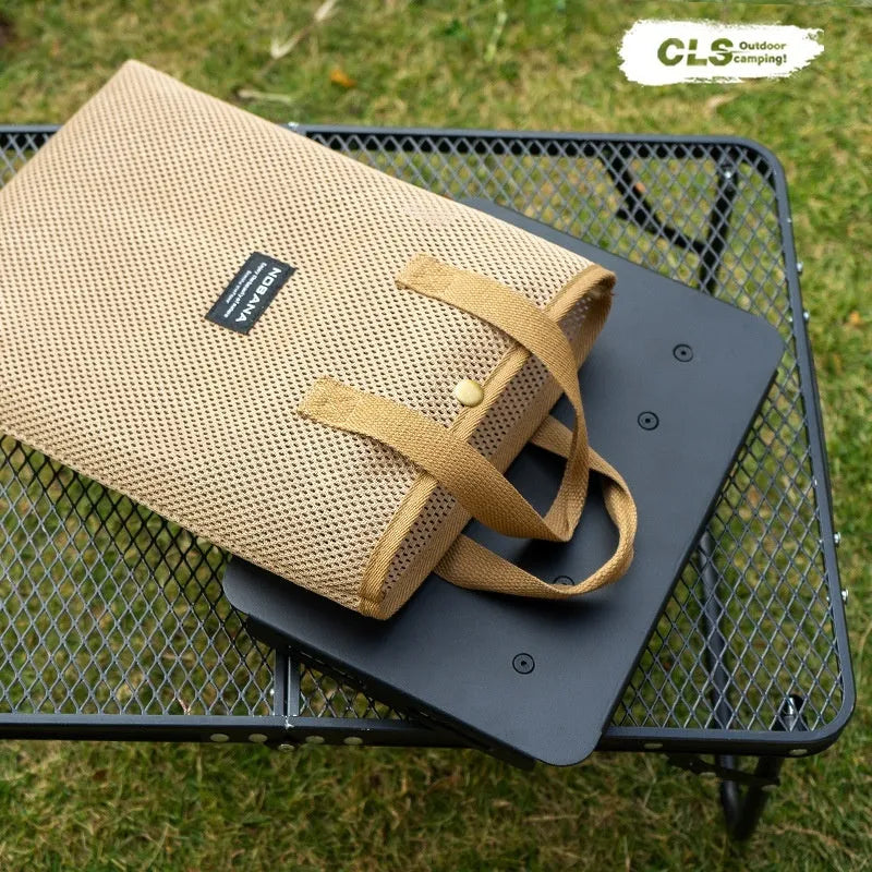 CLS aluminium folding camping stool shown in beige, extended as a table and folded with its storage bag.