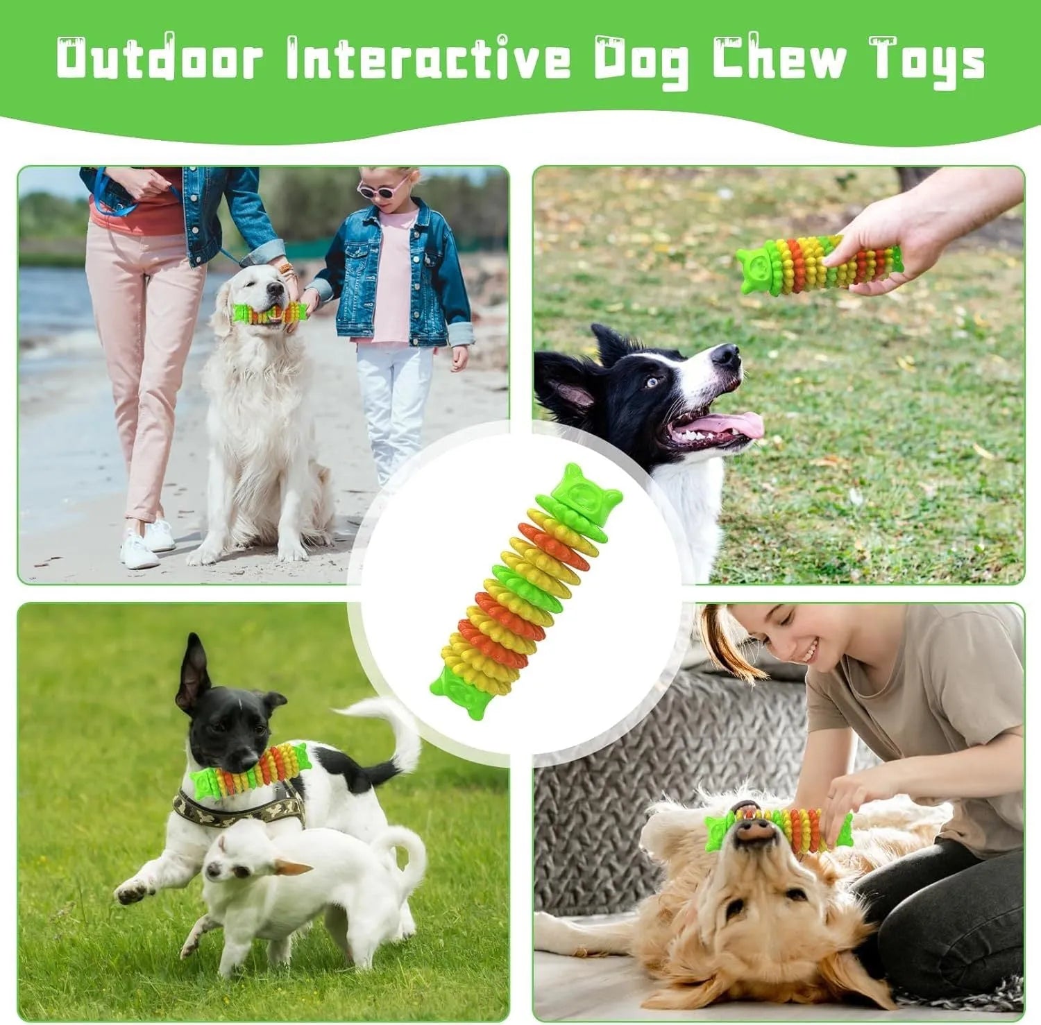 Blue green pink caterpillar-shaped natural rubber dog chew toy for aggressive chewers on a plain background.