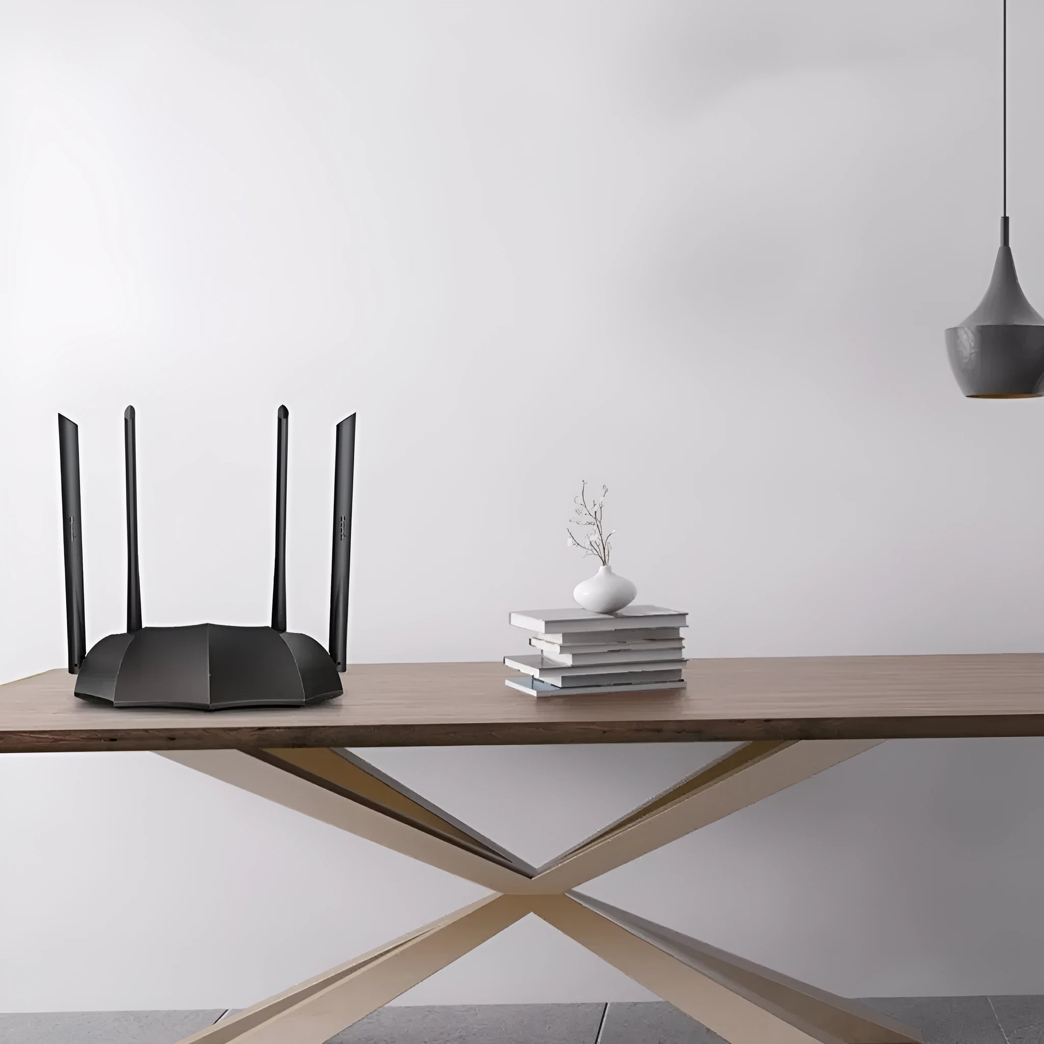 AC8 dual-band Gigabit wireless router with three LAN ports on a desk.