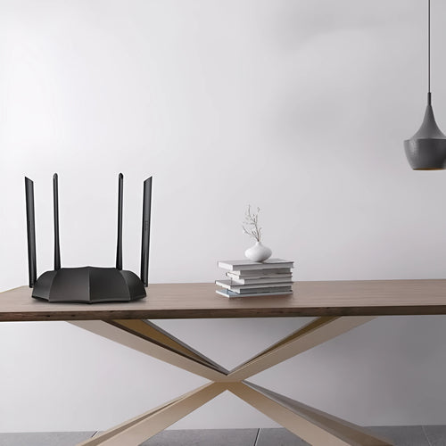 AC8 dual-band Gigabit wireless router with three LAN ports on a desk.