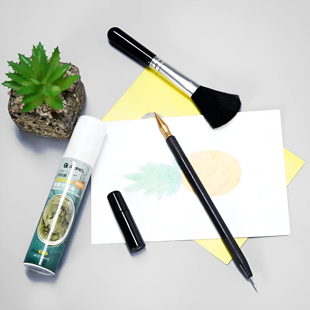 Scratch painting tool kit with scraper pen, repair solution, brush, and bamboo stick for artwork detailing