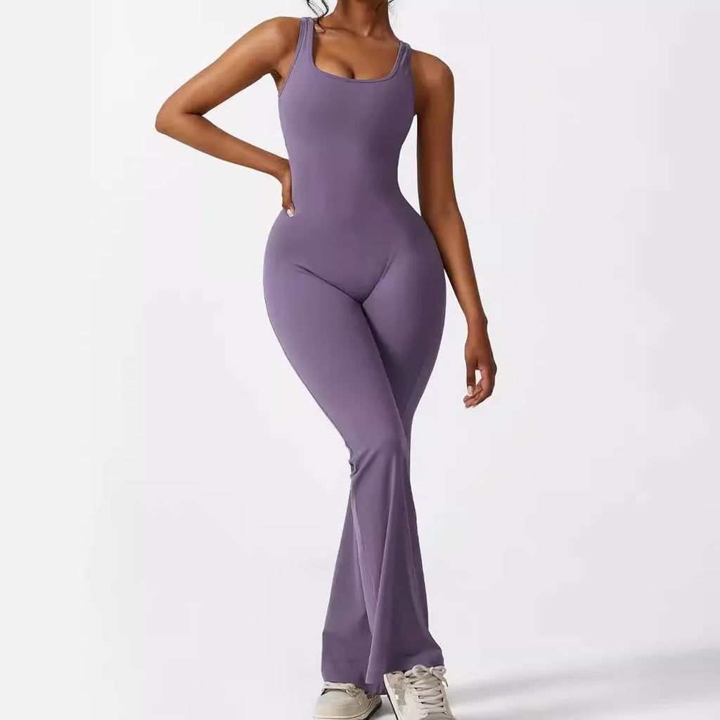 Women's sleeveless flare jumpsuit in polyester fabric for yoga and fitness wear