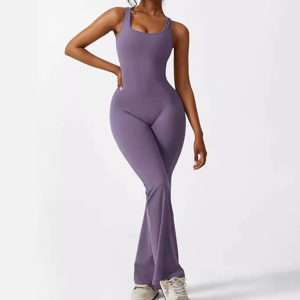 Women's sleeveless flare jumpsuit in polyester fabric for yoga and fitness wear