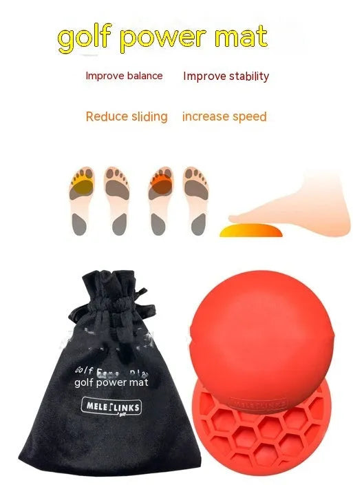 Orange-red golf training mat with weighted centre for swing practice