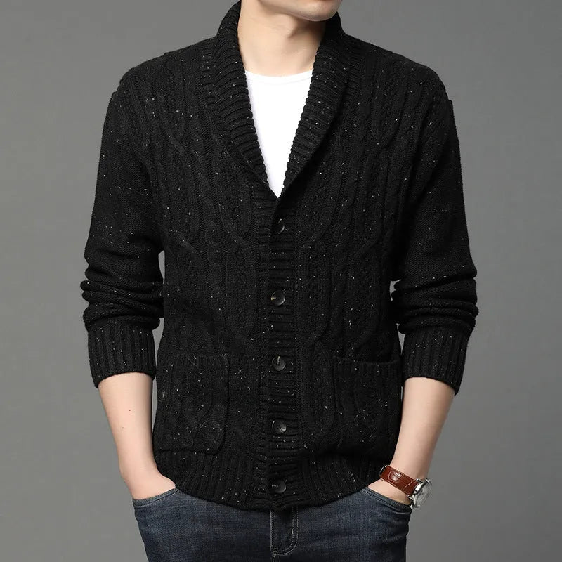 Men's Korean style jacquard patterned knitted jacket in chemical fibre blend fabric
