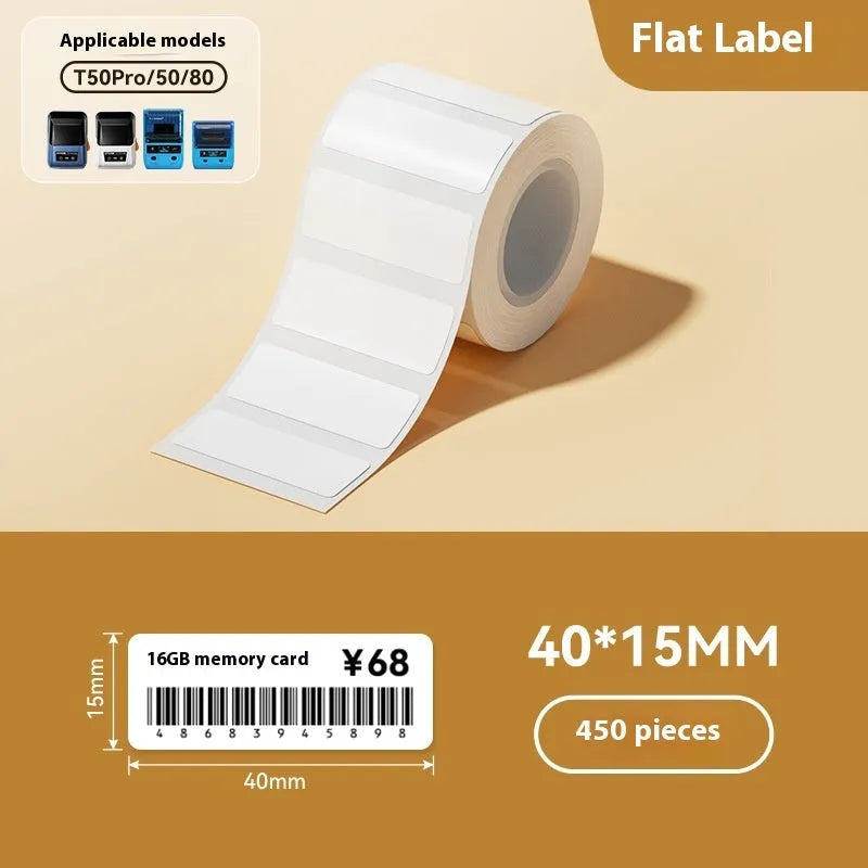 Roll of transparent waterproof adhesive labels showing rectangular and round sizes on thermal synthetic paper.