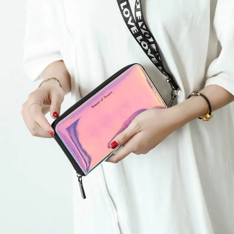 Short square folding wallet in glitter, blue, or green PU leather, showing 11cm size.