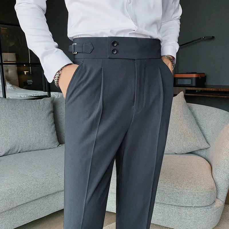 Men's solid colour straight-leg casual trousers in polyester fabric on a hanger.
