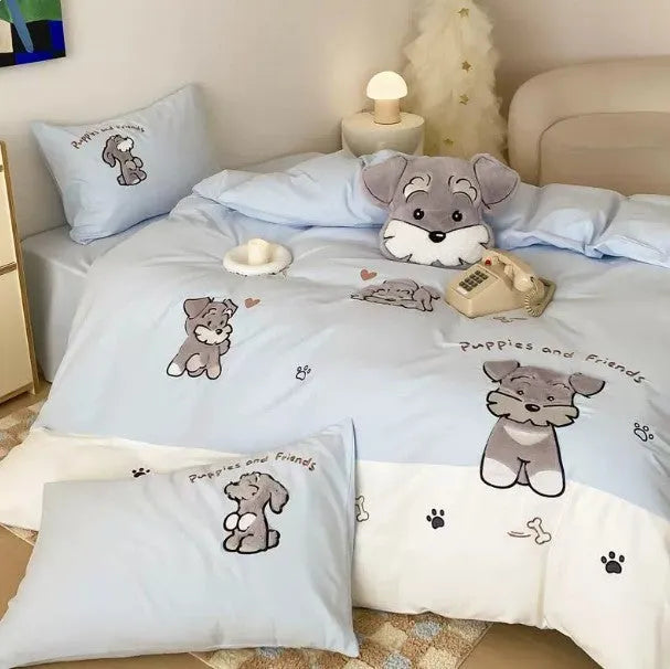 Cartoon Schnauzer embroidered bedding set with quilt cover, sheet, and pillowcases on bed