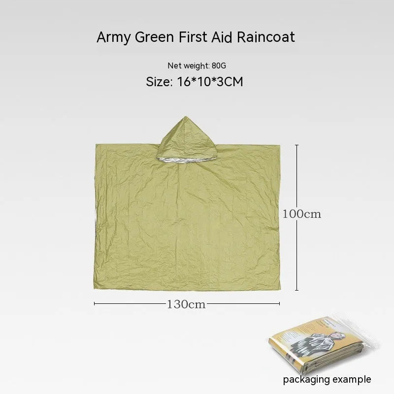 Orange portable disaster relief tent kit with sleeping bag, raincoat, and emergency blanket packed together.