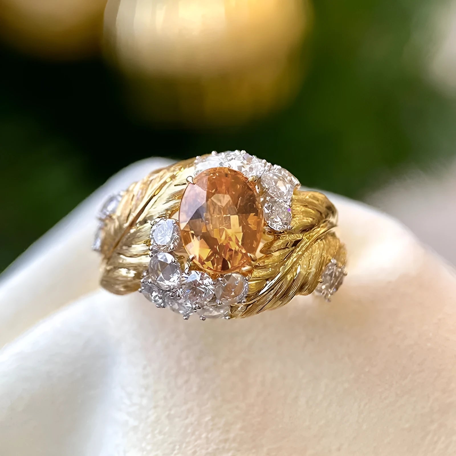 Gold coloured copper feather ring with embossed design and yellow zircon stone.