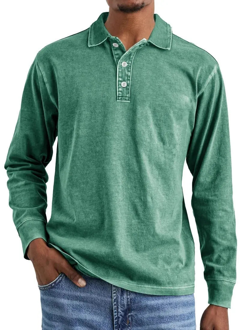 Retro washed pure cotton polo shirt with a distressed lapel and long sleeves on a hanger.
