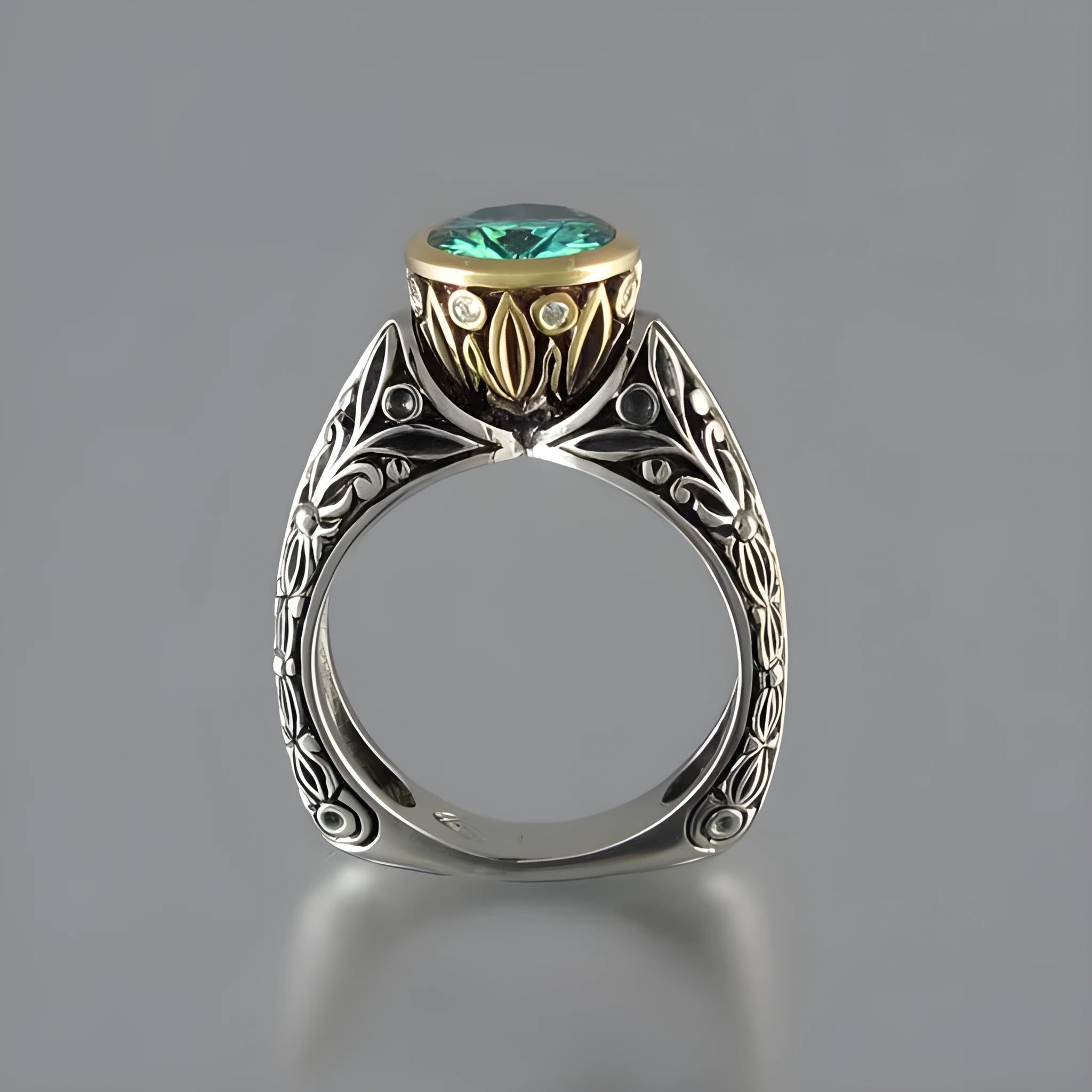 Gold and silver vintage flower-shaped ring with a central green gemstone, shown in a size selection.