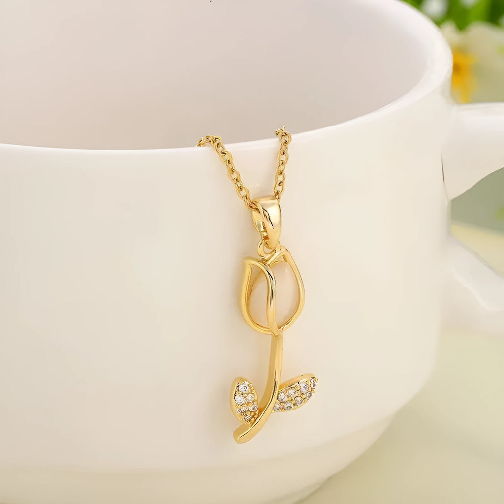 Zircon tulip necklace for women with titanium steel chain and floral pendant