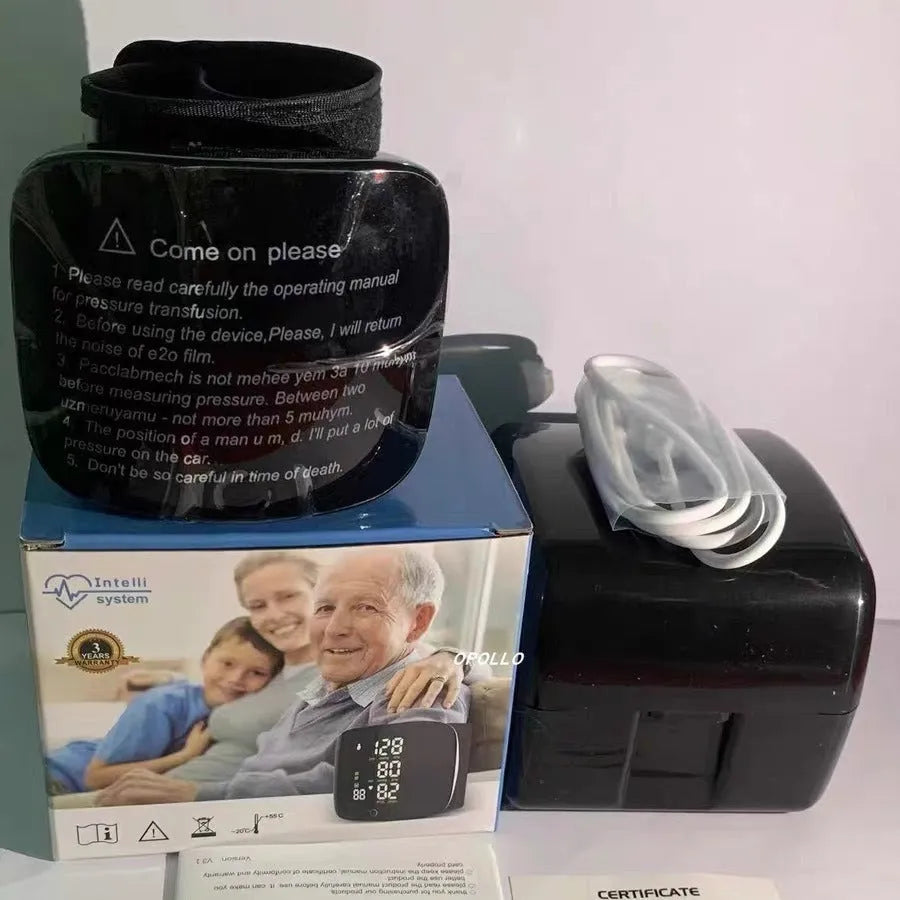 Black wrist blood pressure monitor with USB rechargeable battery for home use