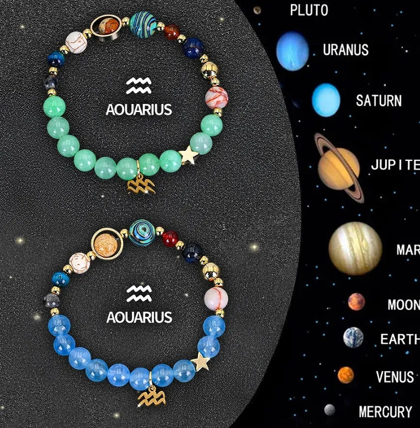 Natural stone beaded bracelets for twelve zodiac signs with adjustable thread closures