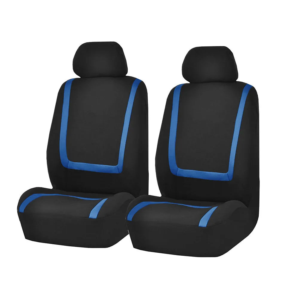 Universal car seat cover set showing fabric construction with headrest and seat protection