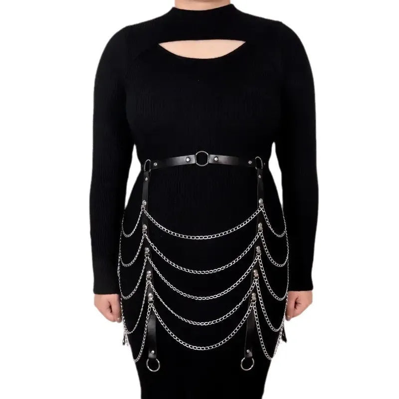 Black PU leather waist chain with bandage binding design draped on clothing