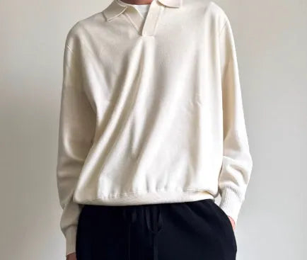 Old money style pure wool polo sweater with lapel collar in navy blue