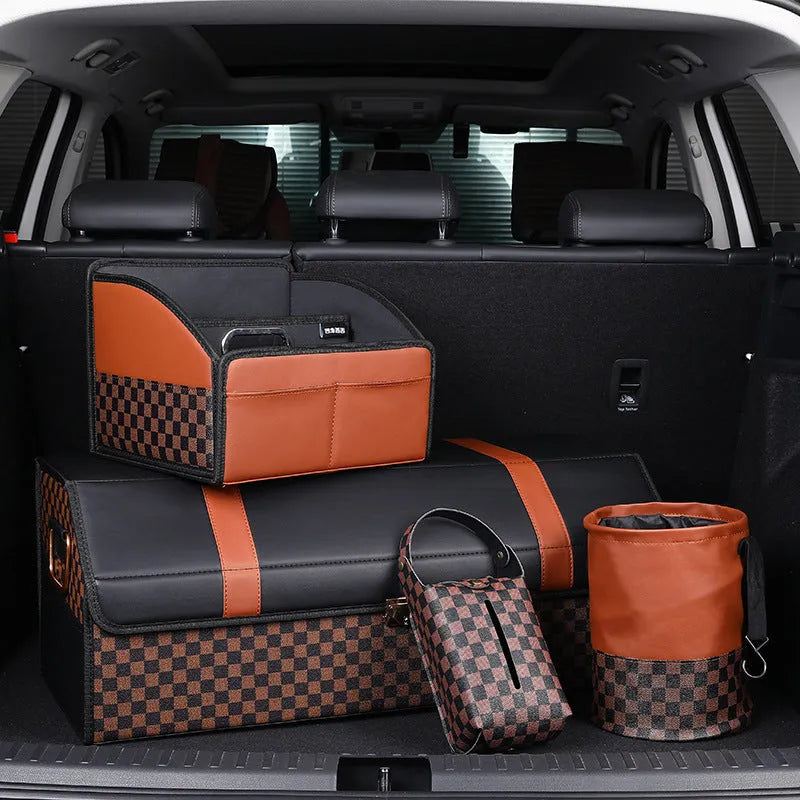 A retractable leather car trash can shown in a vehicle, featuring a carry handle.