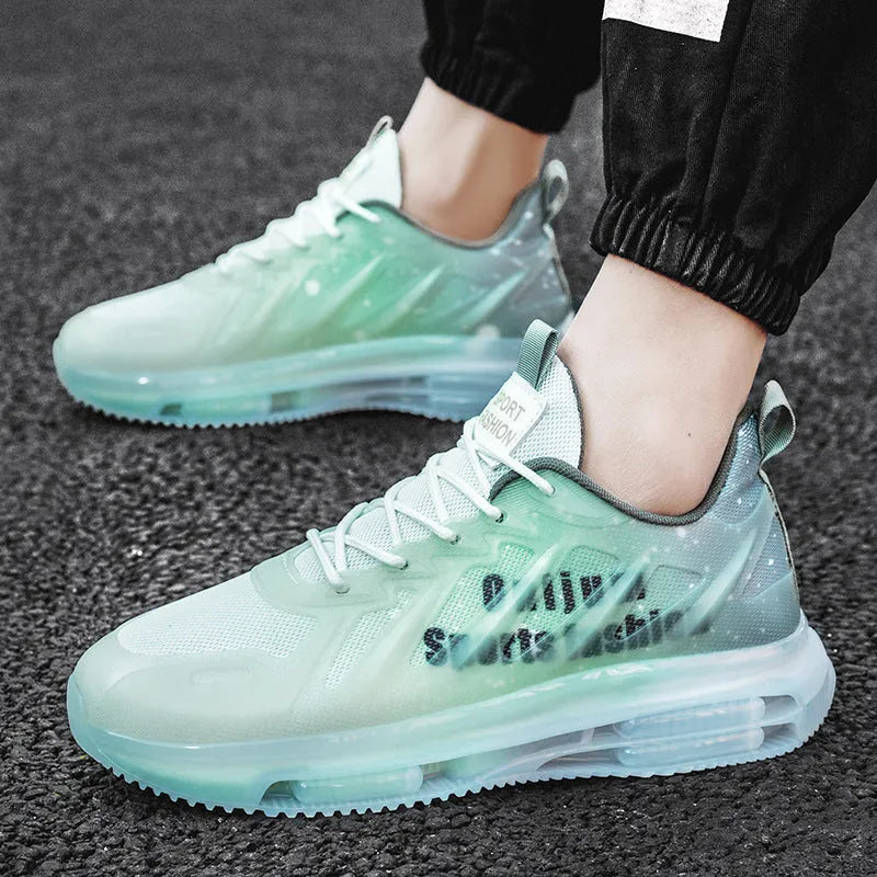 Men's black and green platform casual running shoes with mesh upper and thick rubber sole.