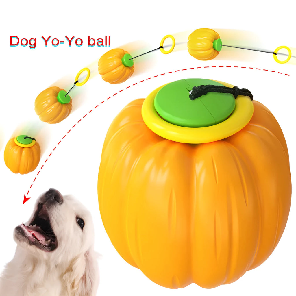 Green, orange, and yellow plastic pumpkin-shaped squeaky dog ball toy for small breeds.