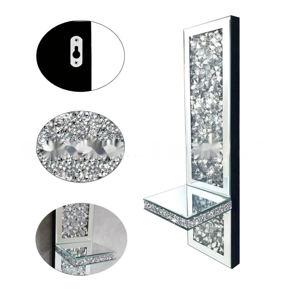 Pair of silver mirror glass wall candle holders with crystal candlesticks, modern design.