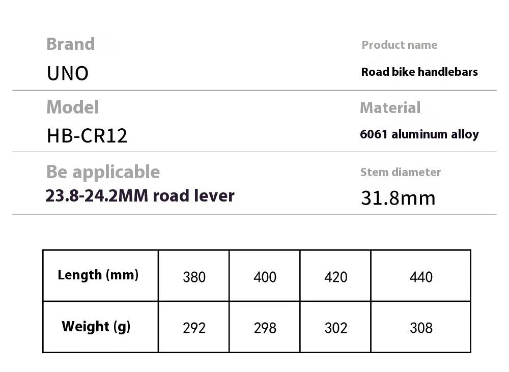 Black UNO aluminium alloy road bike drop handlebar showing bent shape and 31.8mm clamp area