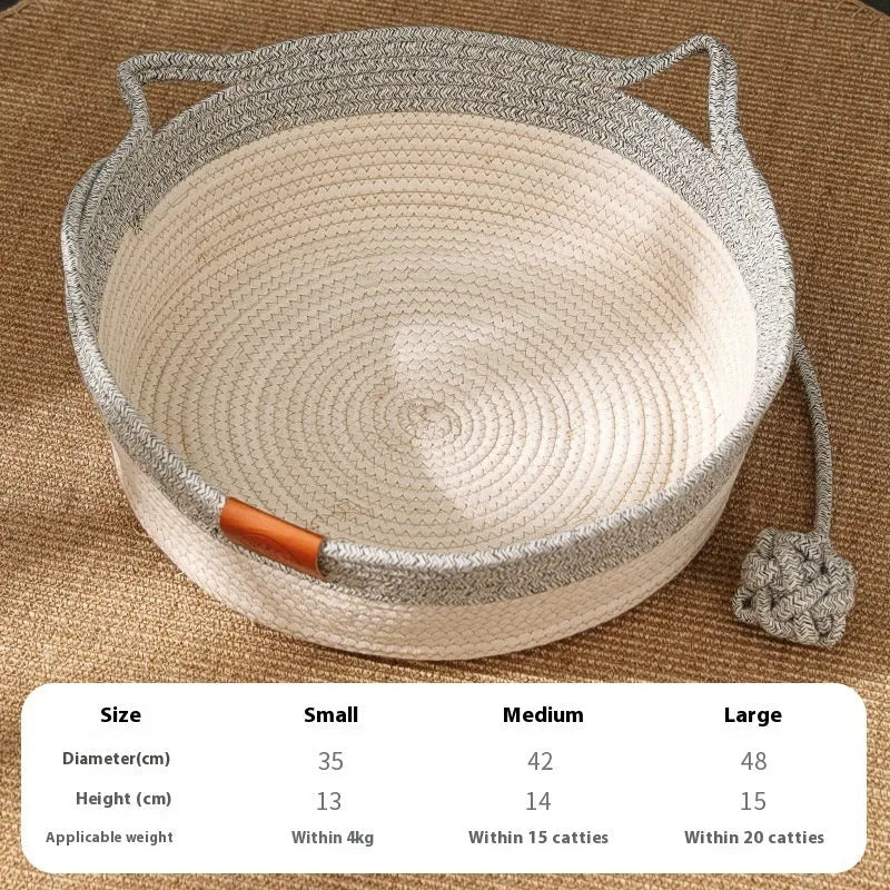 Woven cloth cat nest mat with cotton string stitching in grey colour showing textured surface