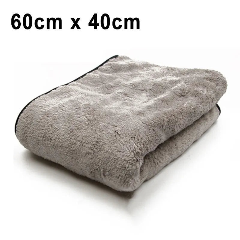 Microfiber car drying towel set showing size options: 75cm by 35cm, 60cm by 40cm, and 100cm by 40cm.