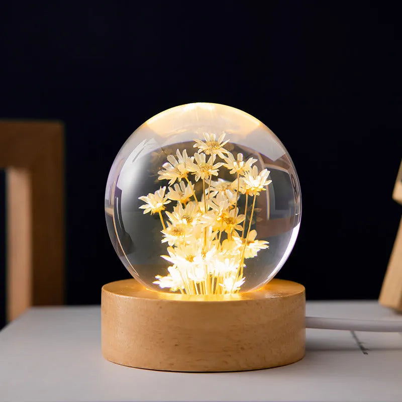 3D dandelion crystal ball night light on beech wood stand, USB powered desktop ornament