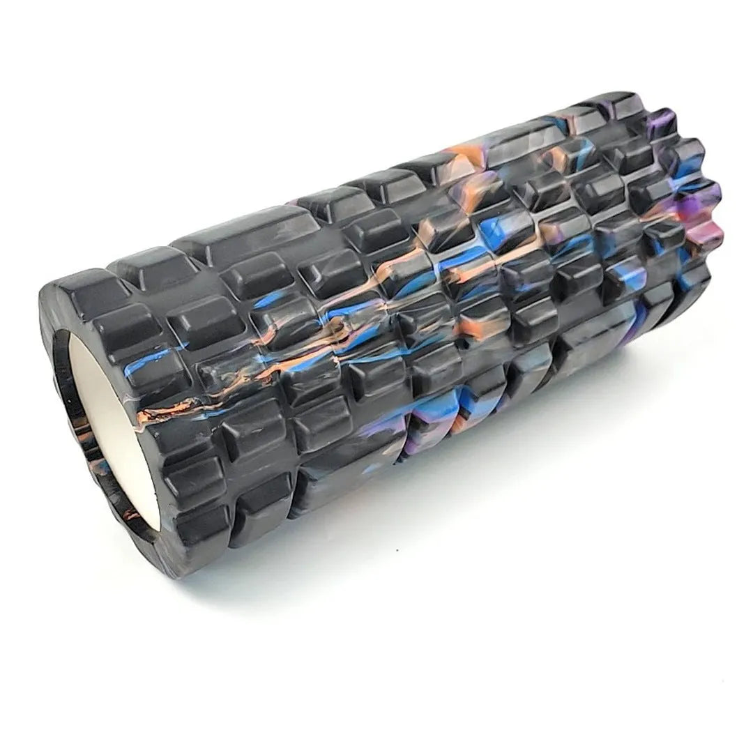33cm camouflage pattern EVA foam roller in blue green yellow colour shown on exercise mat