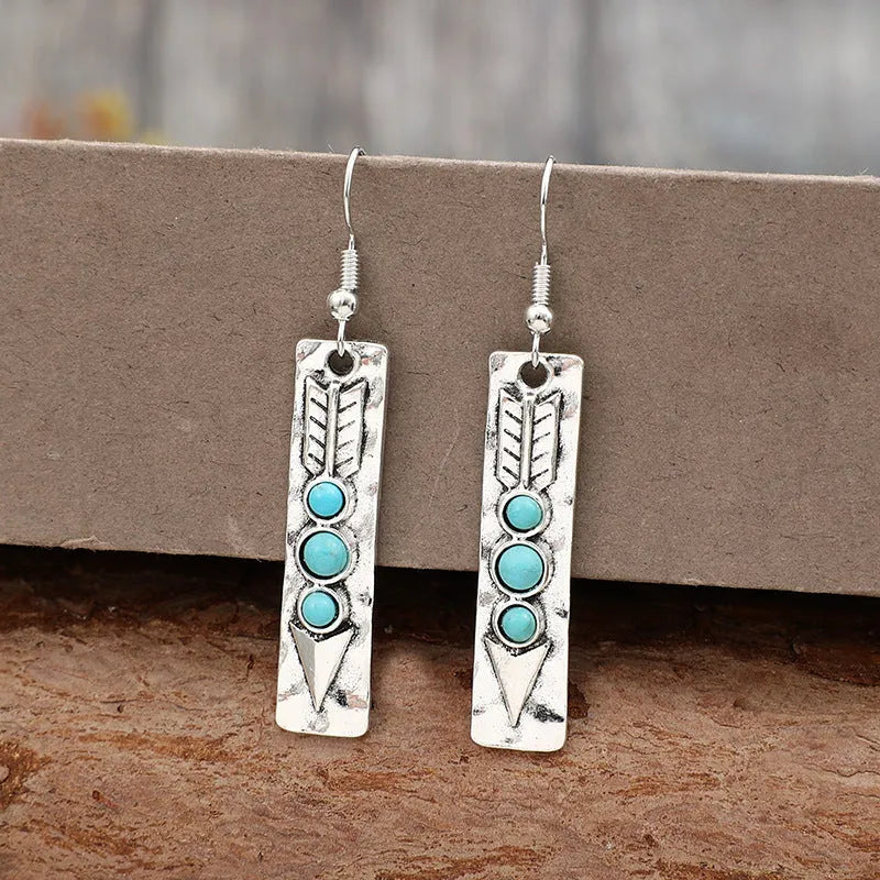 Women's geometric alloy earrings with turquoise inlay and silver electroplated finish