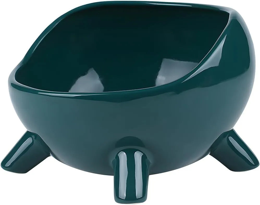 Green ceramic pet food bowl with four-legged stability design for cats and small dogs