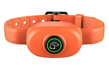 Black and orange remote-controlled dog training collar with a receiver unit and a waterproof, rechargeable design.