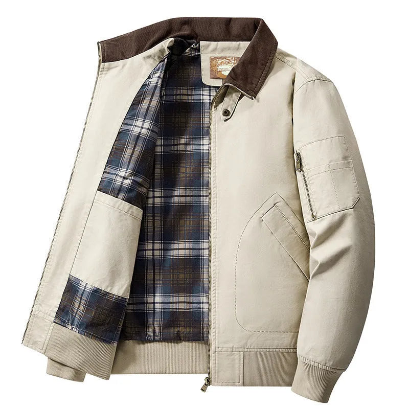 Men's plus size washed cotton baseball flight jacket shown in camel colour.