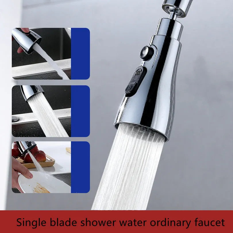 Silver universal pressurised kitchen faucet sprayer with rotating head and three-mode selector