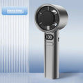 A white USB rechargeable handheld fan with 6 plastic blades, showing variable speed control and a compact design.